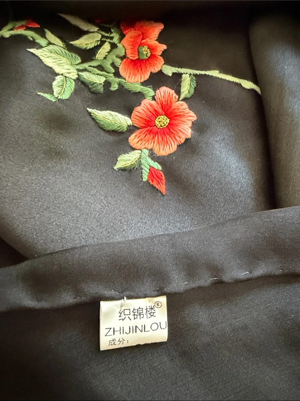 Black Sheer Scarf with Red Floral Embroidery